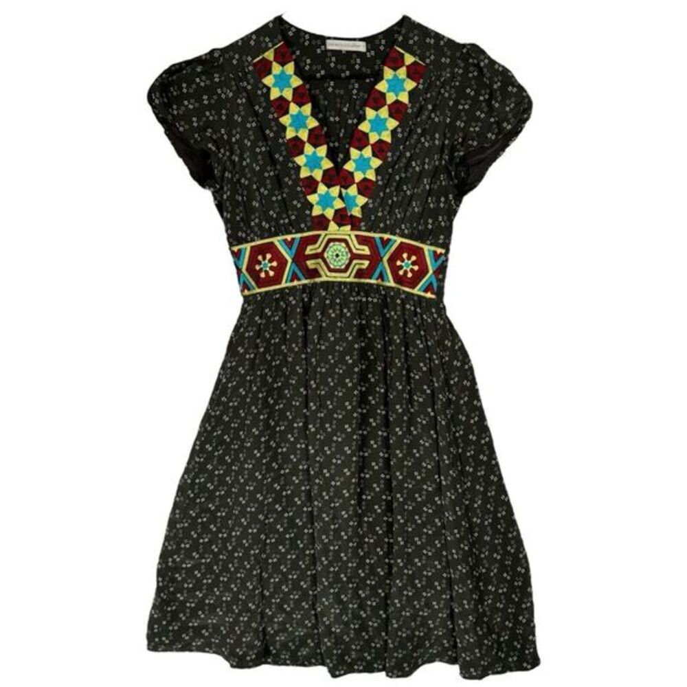 Anthropologie Corey Lynn Calter Silk Dress Size 0 Aztec‎ Boho Tribal Embroidered